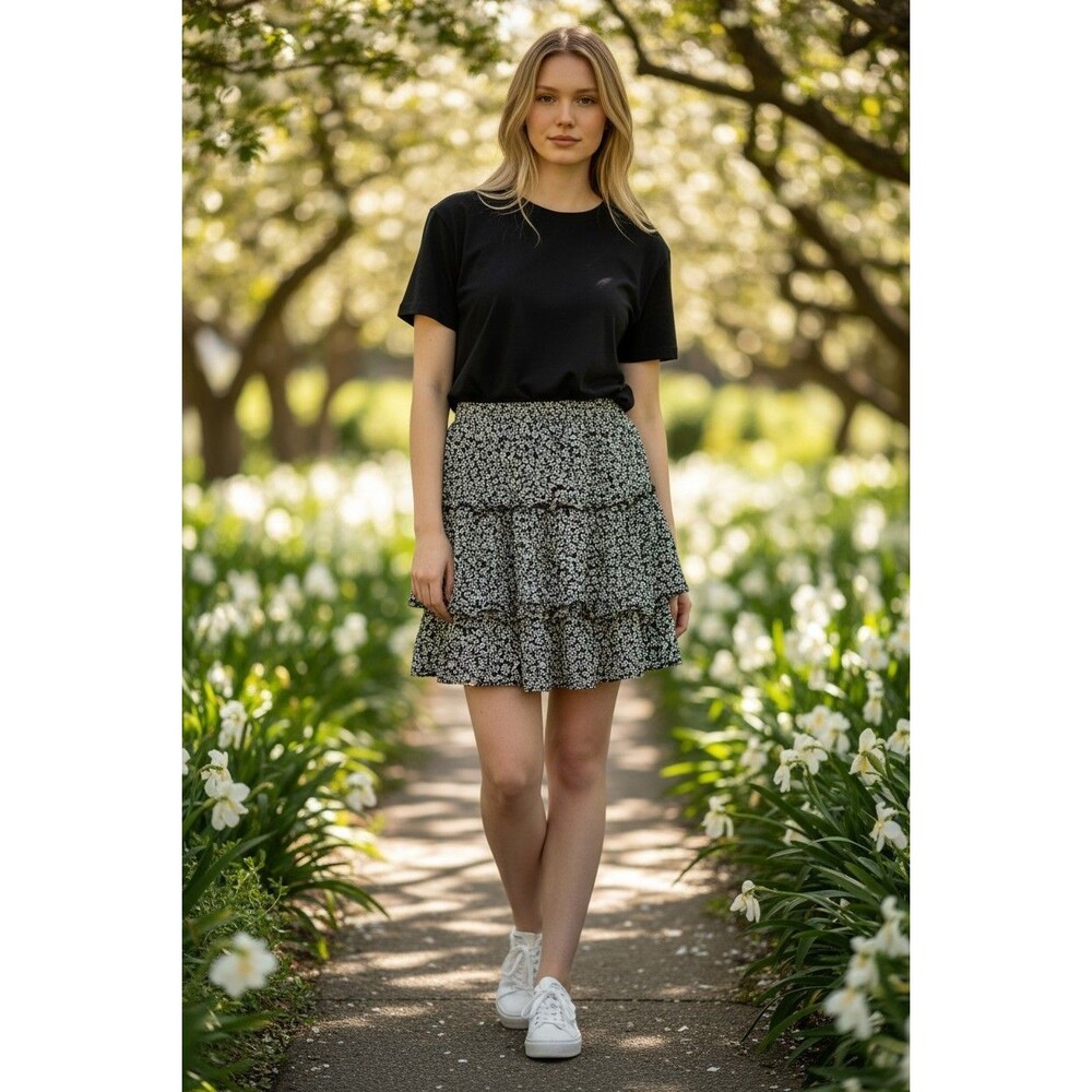 Ava Christine Ruffle Tiered Skirt Black White Women's Medium